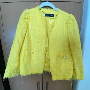 Zara Yellow Tweed Blazer Pearl Buttons - Size Medium